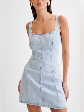Meshki Light Blue Pearl-Embellished Denim Mini Dress